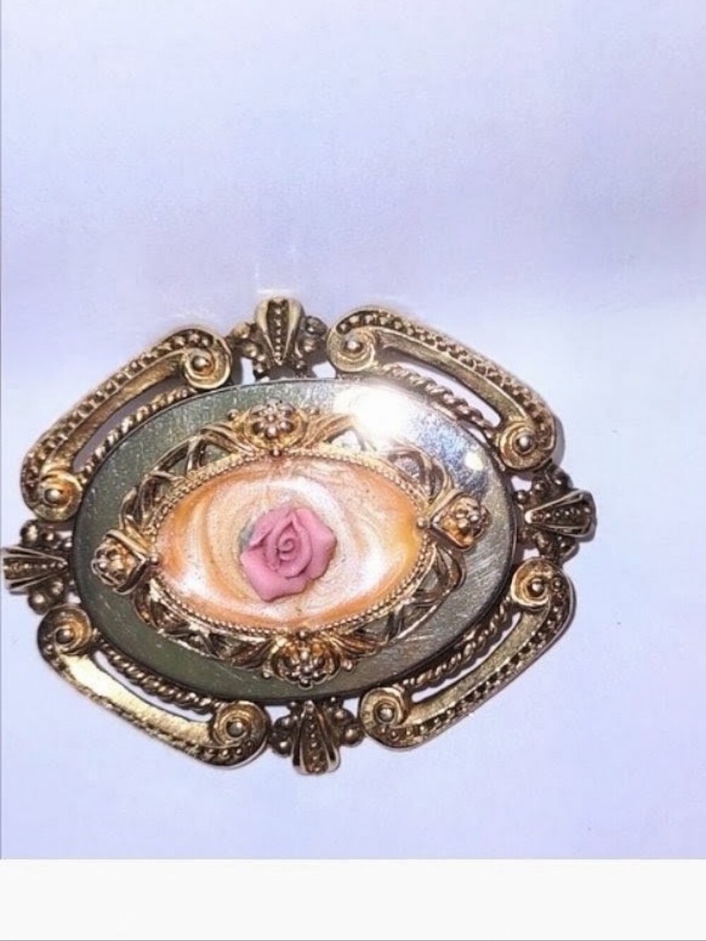 Vintage STAR signed Pink Porcelain Rose & Enamel Brooch Antique Gold